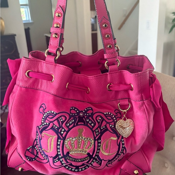 Vintage Juicy Couture OG Crest Hot Pink Velour Double Bow Daydreamer - Picture 1 of 12